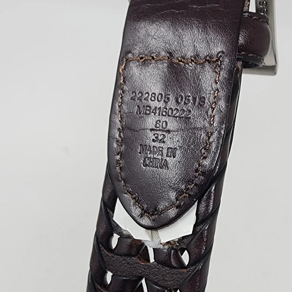 Fossil Dark Brown Leather Belt Men's 32 Silver Tone Buckle Woven